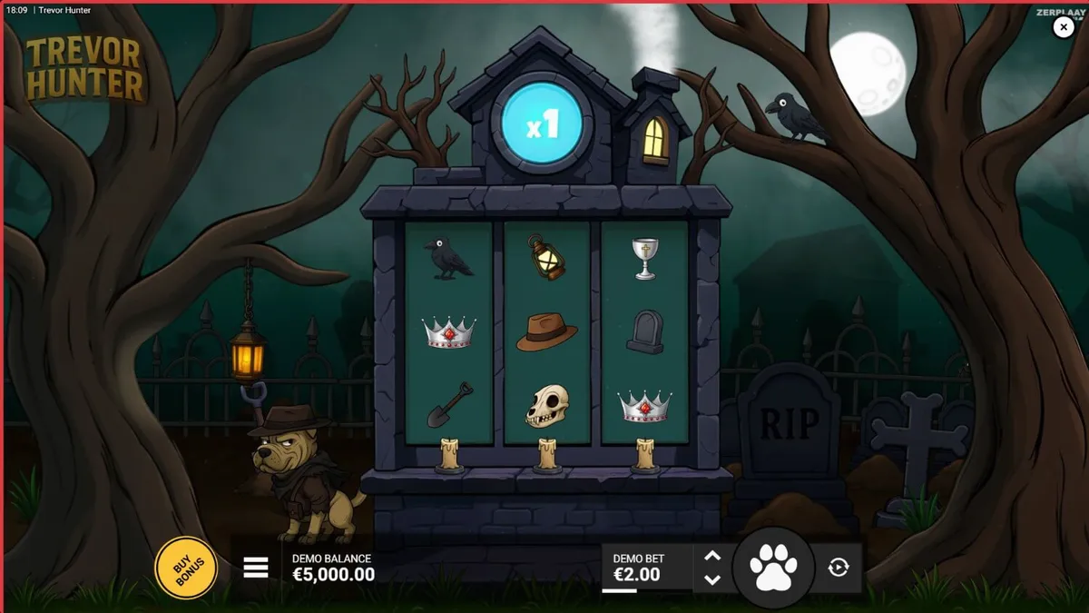 Trevor Hunter slot game theme featuring a Shar Pei dog in a graveyard