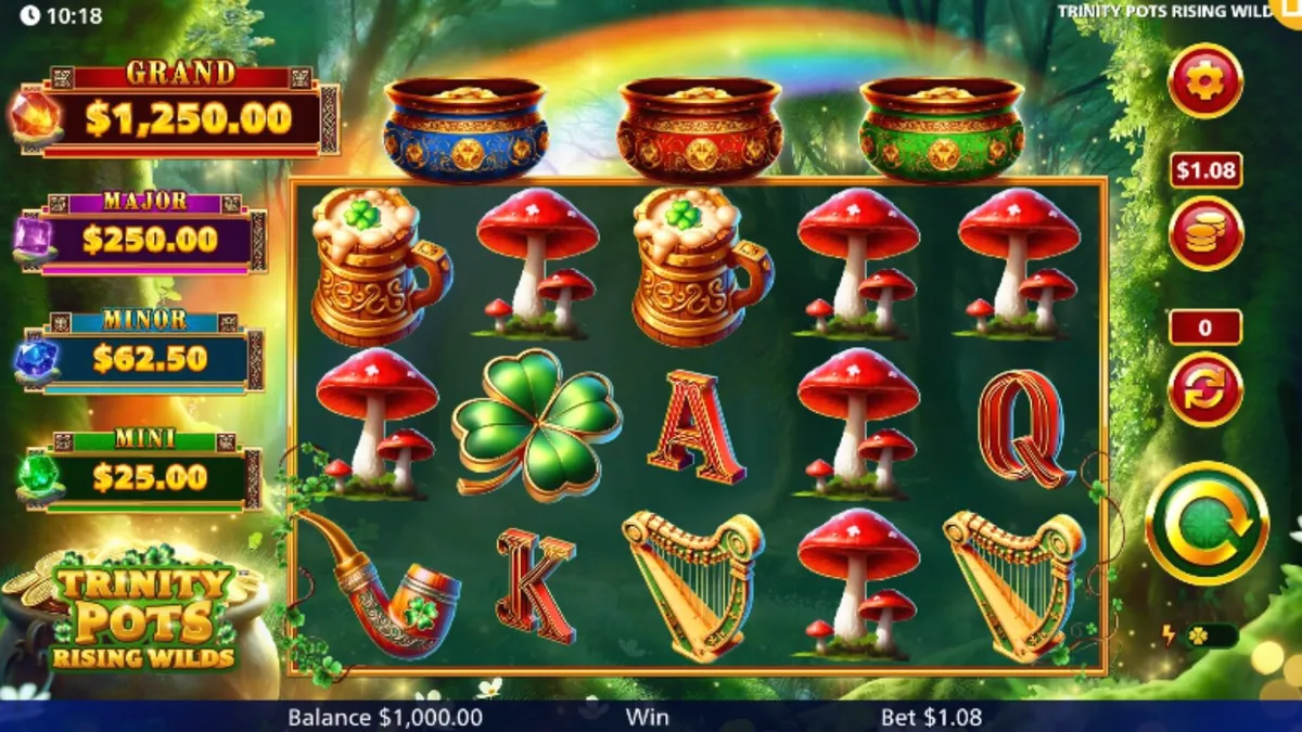 บรรยากาศธีมไอริชและหม้อทองคำในเกม Trinity Pots Rising Wilds