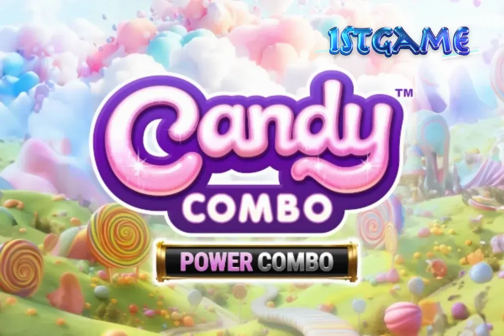 หน้าจอเกมสล็อต Candy Combo Power Combo King Millions ที่เต็มไปด้วยสีสันของลูกกวาดและขนมหวาน